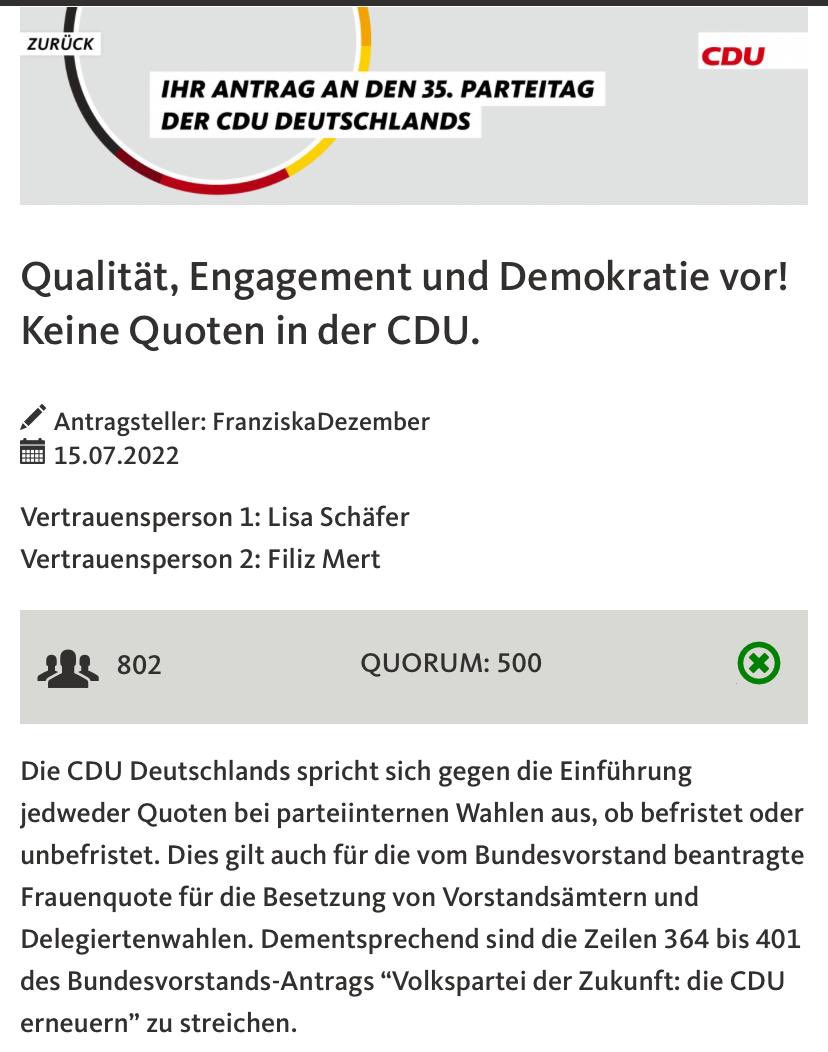 gitta_connemann's tweet photo. Starke Frauen, starke #Basis: Der schon nach einer Woche erfolgreichste @CDU #Mitgliederantrag aller Zeiten. Initiiert von drei jungen Frauen. Mehr als 800 CDU-Mitglieder geben ihre Stimme - und das innerhalb 1 Woche. Für Qualität und gegen #Quoten. https://t.co/c7rOlG9Jqq
