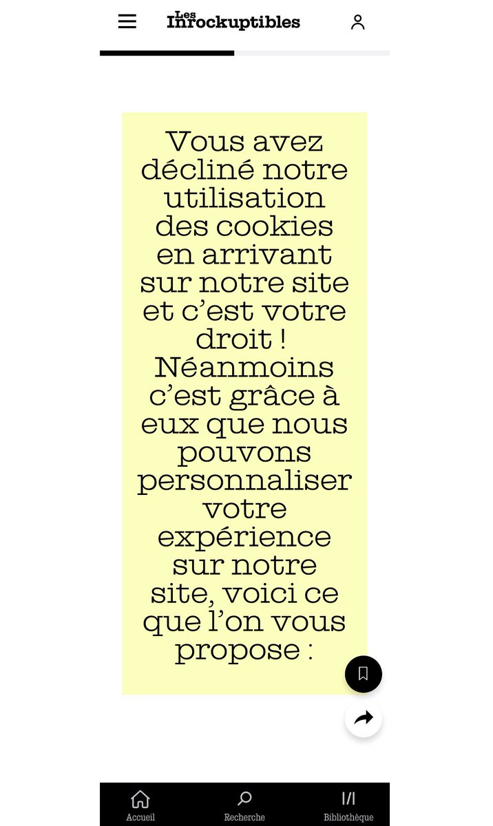 J’ai pr habitude d’interdire tous les #cookies #privacy tt ça tt ça. En générale les sites ont l’honnêteté de dire que ça leur rapporte des revenus. 1ere fois que je vois c/ excuse la personnalisation de mon exp. Si je n’en veux pas? <a href="/lesinrocks/">Les Inrockuptibles</a> personnalisation ou revenus?
