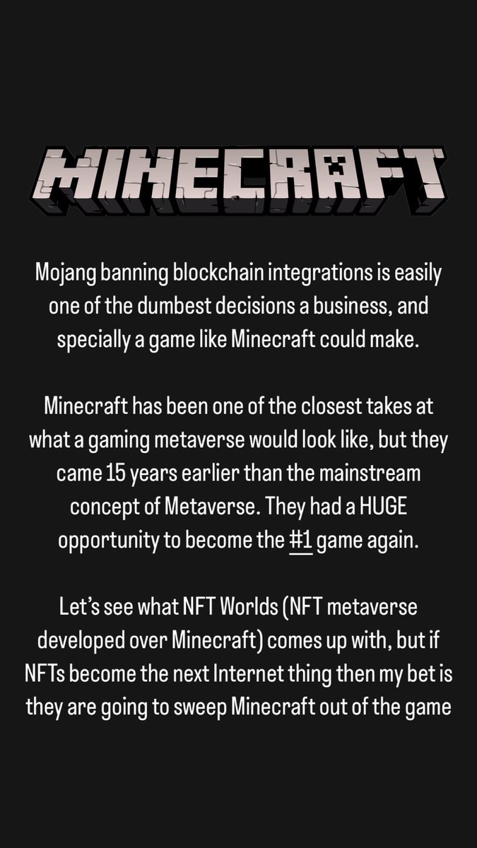 My take on #Minecraft aka Mojang aka Microsoft banning #NFTs &amp; #blockchain from their platform…