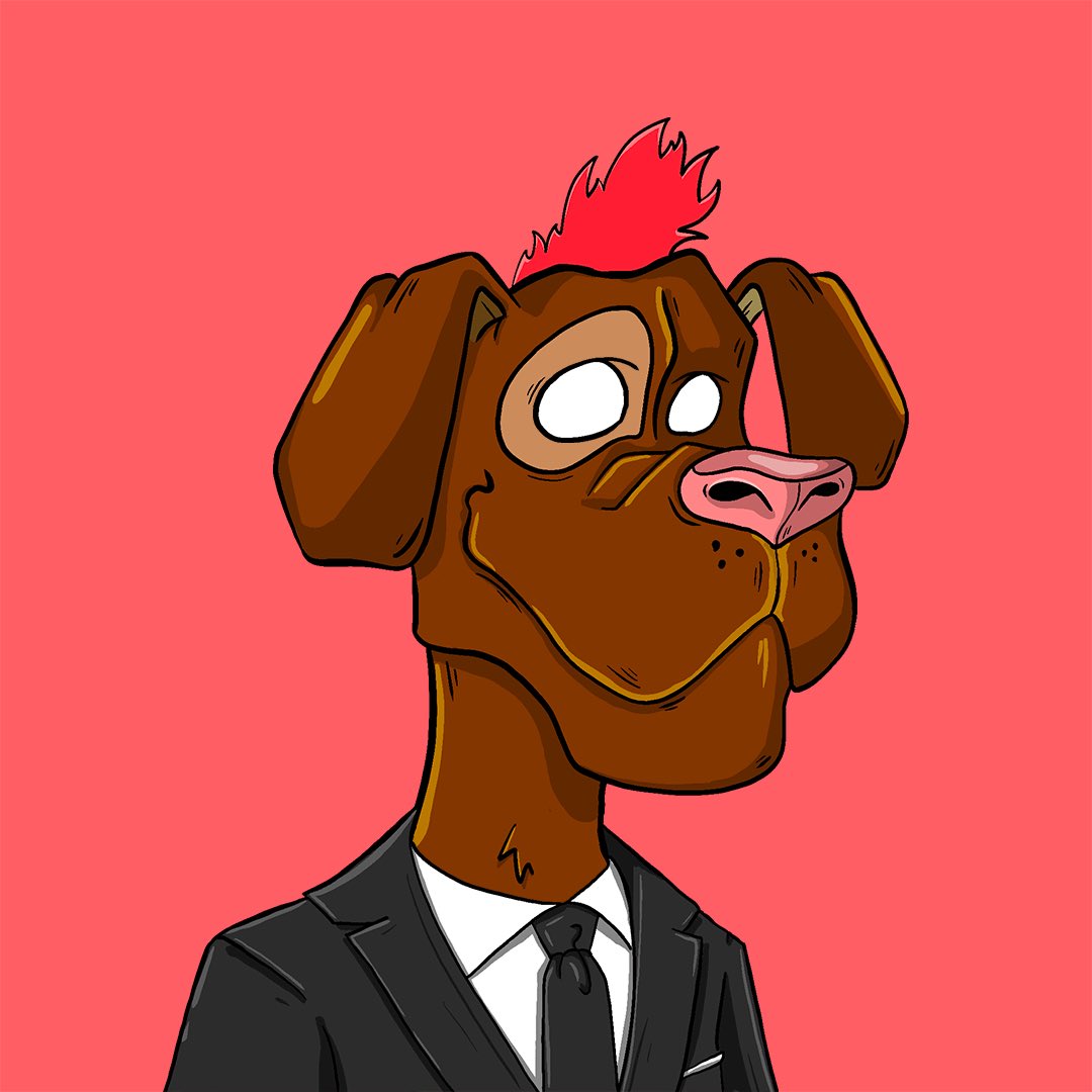 DDogsSocialClu1's tweet photo. A brown dog with a red tuft wearing a tuxedo wanders through the streets of the city. Available soon #nft #nftcommunity #nftcollector #nftart #nftcollection https://t.co/xLRRxuoKdc