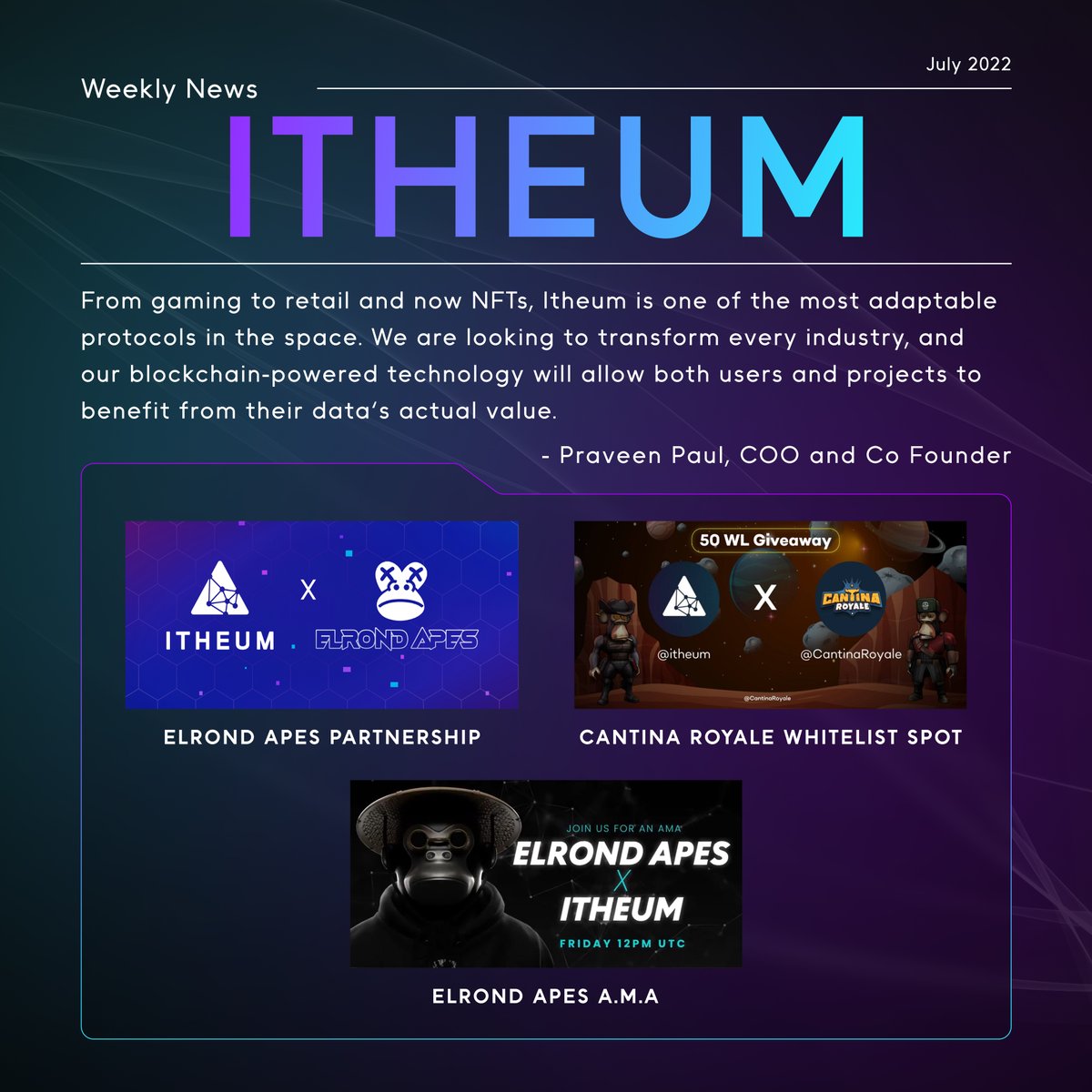 This week in #Itheum 🌎

🎉 50 <a href="/CantinaRoyale/">Cantina Royale</a> #NFT WL spots for our community

🤝Partnership with <a href="/ElrondApes/">EAPES CLUB</a> 

🇬🇧 We featured at an exclusive #Web3 event in #London 

👑 Continued #Community incentives &amp; education

 🗣 AMA with <a href="/ElrondApes/">EAPES CLUB</a> 

What's your highlight of the week?👇