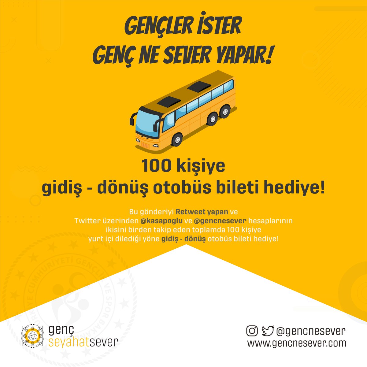 genç ne sever (@gencnesever) on Twitter photo 🚍 100 kişiye yurt içi dilediği yöne kullanabileceği gidiş-dönüş otobüs bileti Genç Ne Sever'den hediye!
📌 Çekilişe katılmak için bu gönderiyi retweetle ve Twitter üzerinden <a href="/kasapoglu/">Dr. Mehmet Kasapoğlu</a> ve <a href="/gencnesever/">genç ne sever</a> hesaplarının ikisini birden takip et!
#gencnesever #gsb #otobüs #seyahat 🚍 100 kişiye yurt içi dilediği yöne kullanabileceği gidiş-dönüş otobüs bileti Genç Ne Sever'den hediye!
📌 Çekilişe katılmak için bu gönderiyi retweetle ve Twitter üzerinden <a href="/kasapoglu/">Dr. Mehmet Kasapoğlu</a> ve <a href="/gencnesever/">genç ne sever</a> hesaplarının ikisini birden takip et!
#gencnesever #gsb #otobüs #seyahat
