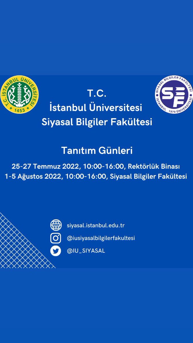 📌Sevgili Aday Öğrencilerimiz; İstanbul Üniversitesi Siyasal Bilgiler Fakültesi hakkında merak ettiğiniz her konuda bilgi almak için sizleri tanıtım günlerimize bekliyoruz. Ayrıca twitter ve instagram hesabımıza sorularınızı direkt mesaj olarak da iletebilirsiniz.#istanbulsiyasal