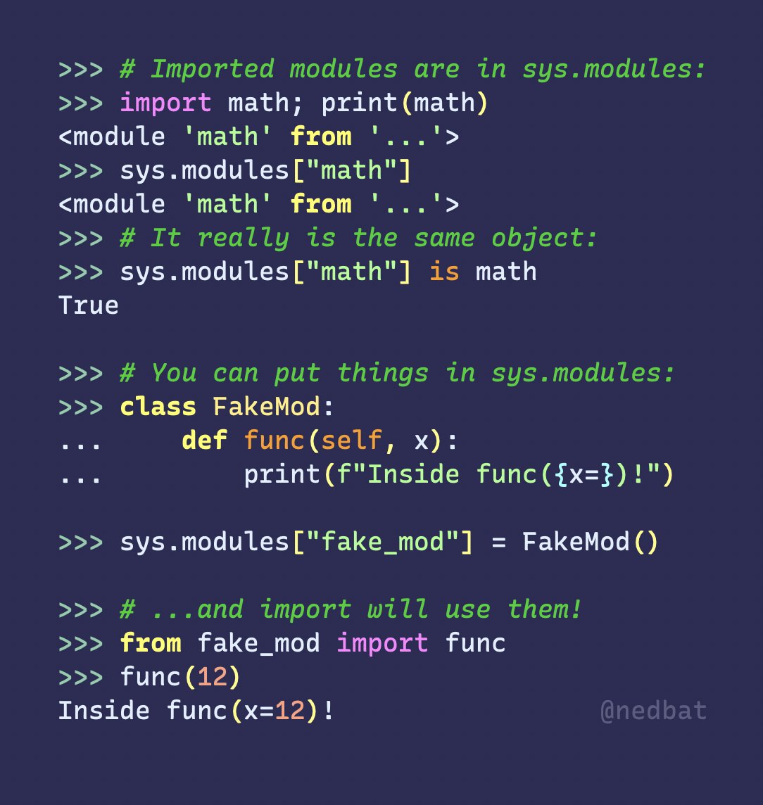nedbat's tweet image. Imported #Python modules are in a dict called sys.modules.  In extreme cases, you can put objects there for import to find!