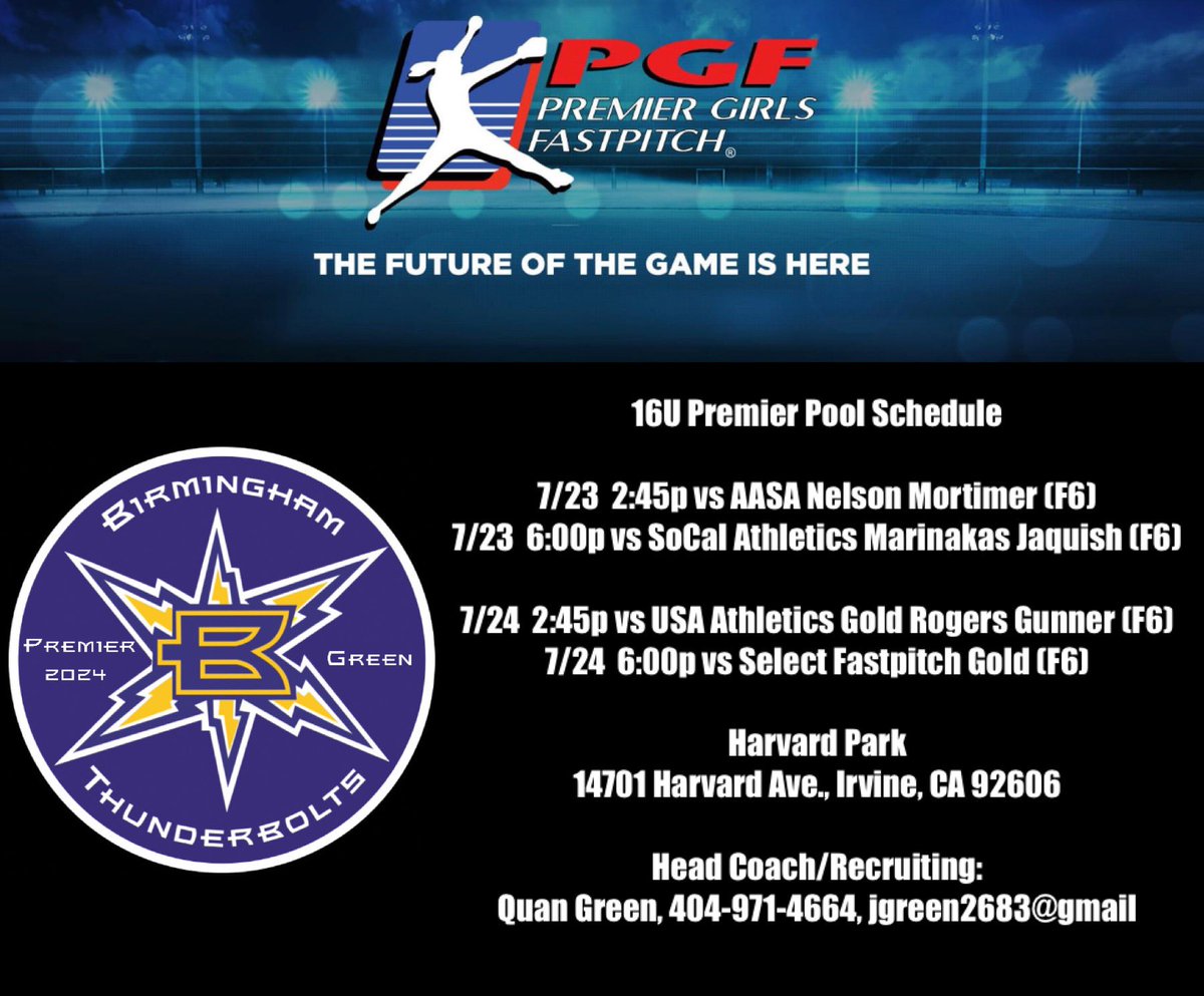 🚨 PGF Nationals 16u Premier Begins today🚨

Family/Friends/Coaches,
Reminder of our pool schedule for a weekend full of 🥎 

Also, our first bracket game will be Monday, 7/27 vs Ohana Tigers Indian @ 2:45p at Fountain Valley Park 

#boltsboom #boltsPremier2024