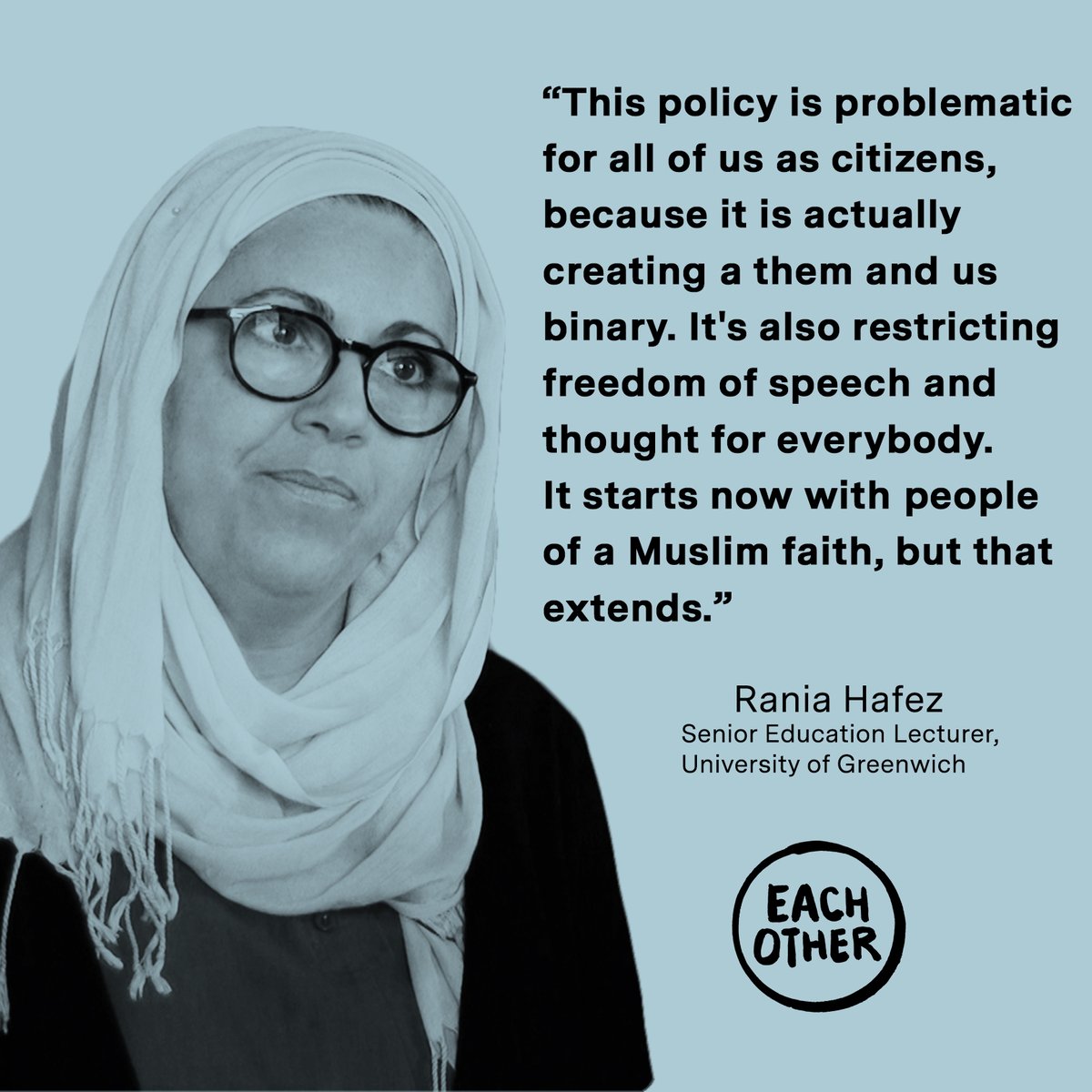 EachOtherUK's tweet photo. As we near the end of our week focused on the government’s #PreventStrategy, our #QuoteOfTheDay today is from Senior Education Lecturer at #UniversityOfGreenwich, Rania Hafaz. See all of this week's #Prevent content here: https://t.co/E4Jh9Cj4Es https://t.co/iAHuOma0L4