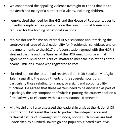 SASGonLibya's tweet image. Yesterday in Istanbul, I met with High Council of State President, Mr. Khaled Al-Meshri. Here are some key points from our conversation: