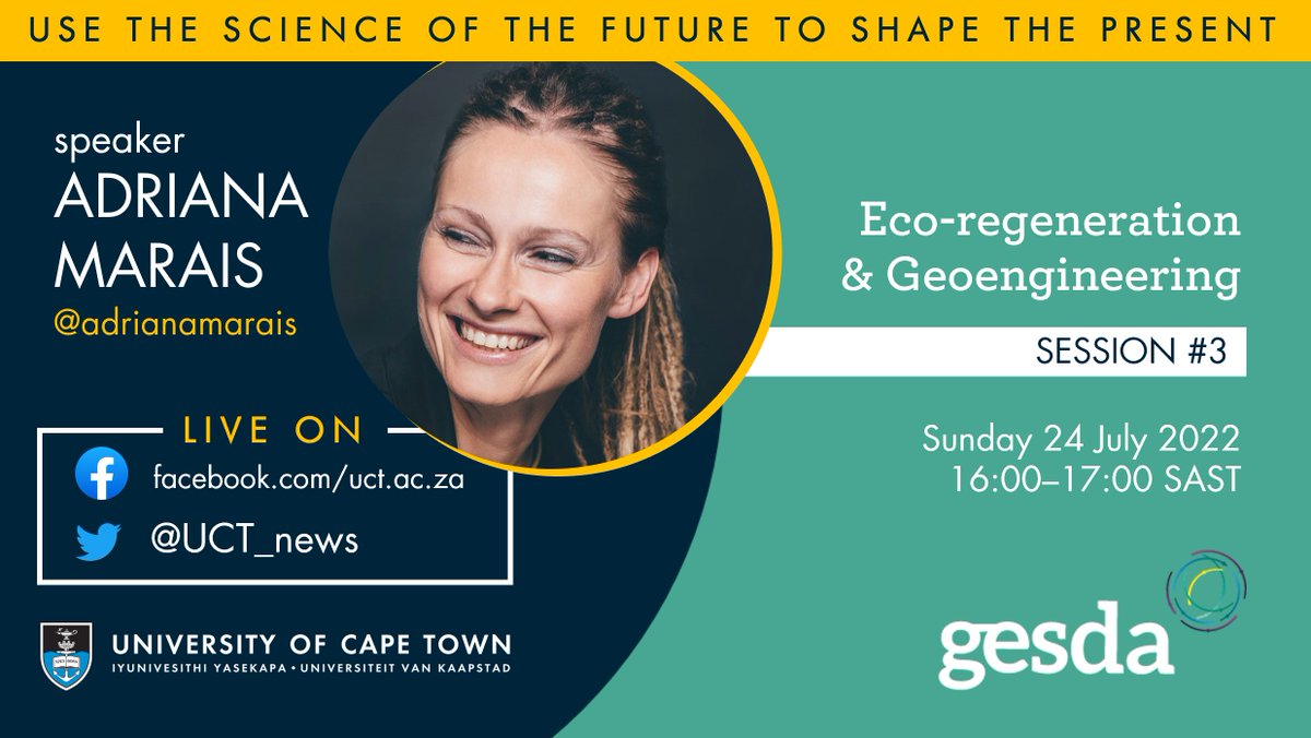 GESDAglobal's tweet photo. How can we use the science of the future to benefit Africa’s present? On Sunday 24 July at 16:00 SAST on @UCT_news @FabAcademic @UCT_VC Prof Mamokgethi Phakeng hosts a virtual discussion with @GESDAglobal on Eco-regeneration, Geoengineering and Space Resources. See you there! https://t.co/dZgkGFnXpv