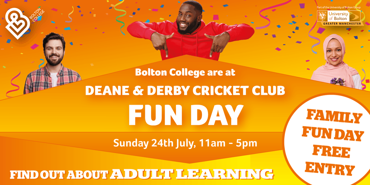 BoltonCollege's tweet photo. βοΈJoin us ππππππππ at @deaneandderby Cricket Club's Community Fun Day!π
We'll be at the event so talk to us about our adult learning opportunities and pick up a copy of our new #CourseGuide too!
There'll also be fun fair rides, sport competitions, and food and drink! https://t.co/JA7OdNJvUB