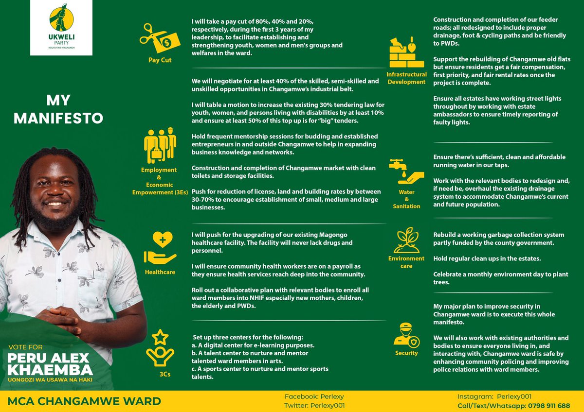 Peru Alex Khaemba (@Perlexy001), Ukweli Party's candidate for the MCA seat in Changamwe Ward, has a clear plan that residents can count on to help improve their lives. You can help our candidates win with your donation. Paybill: 698118 #SimamaNaUkweli