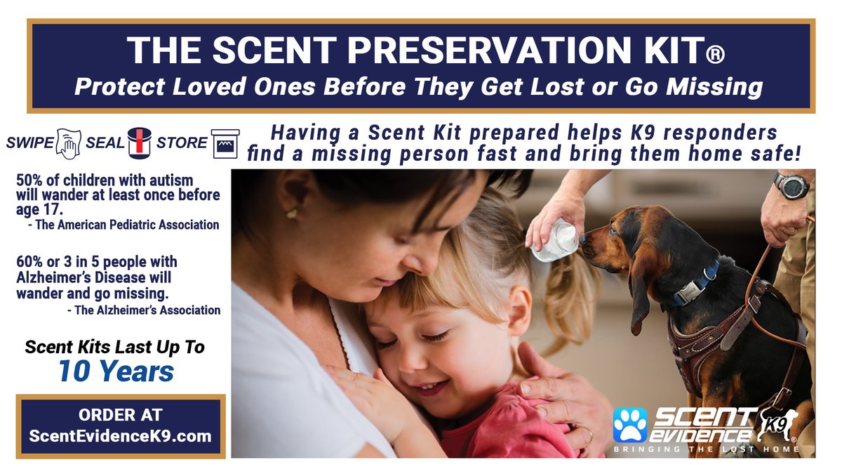 scentevidencek9's tweet photo. SWIPE, SEAL, and STORE the SCENT of your children to help K-9 Responders FIND THEM FAST and BRING THEM HOME SAFE if they go missing. To learn how you can protect your family before they go missing visit https://t.co/uMGLjWzXDS #ScentKit https://t.co/BgcMhzsXev