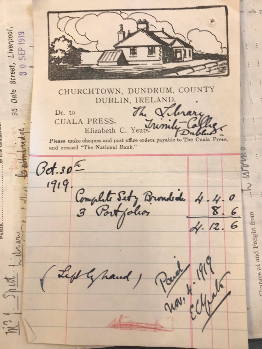 Another interesting receipt found @TCDResearchColl - a #CualaPress receipt, illustration included. #Yeats #research