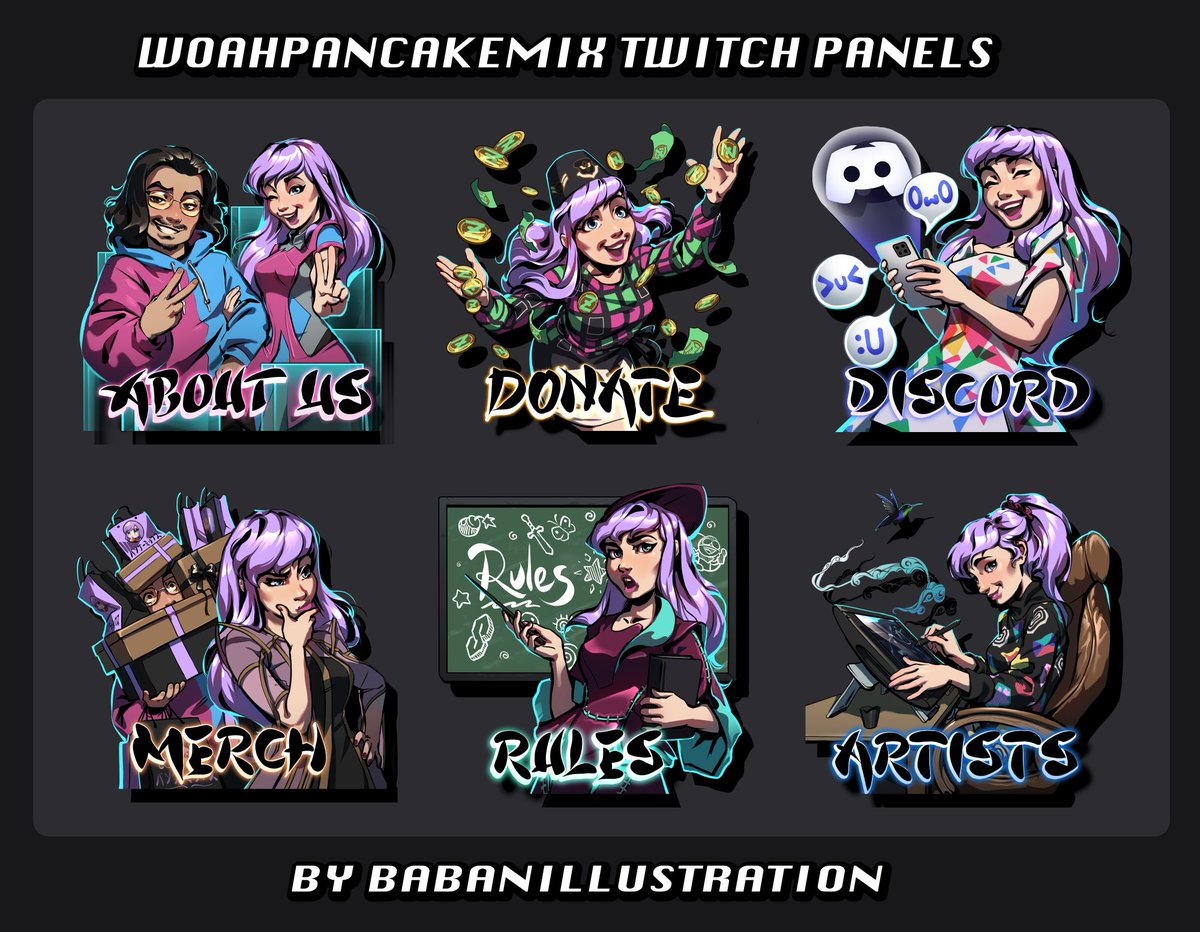Babillustration's tweet photo. 🥞Twitch panel commissions for @Whoa_PancakeMix of himself and his OC Genevieve, with custom lettering🥞 #art #Commission #twitch #illustration https://t.co/bmuh3lzt2O
