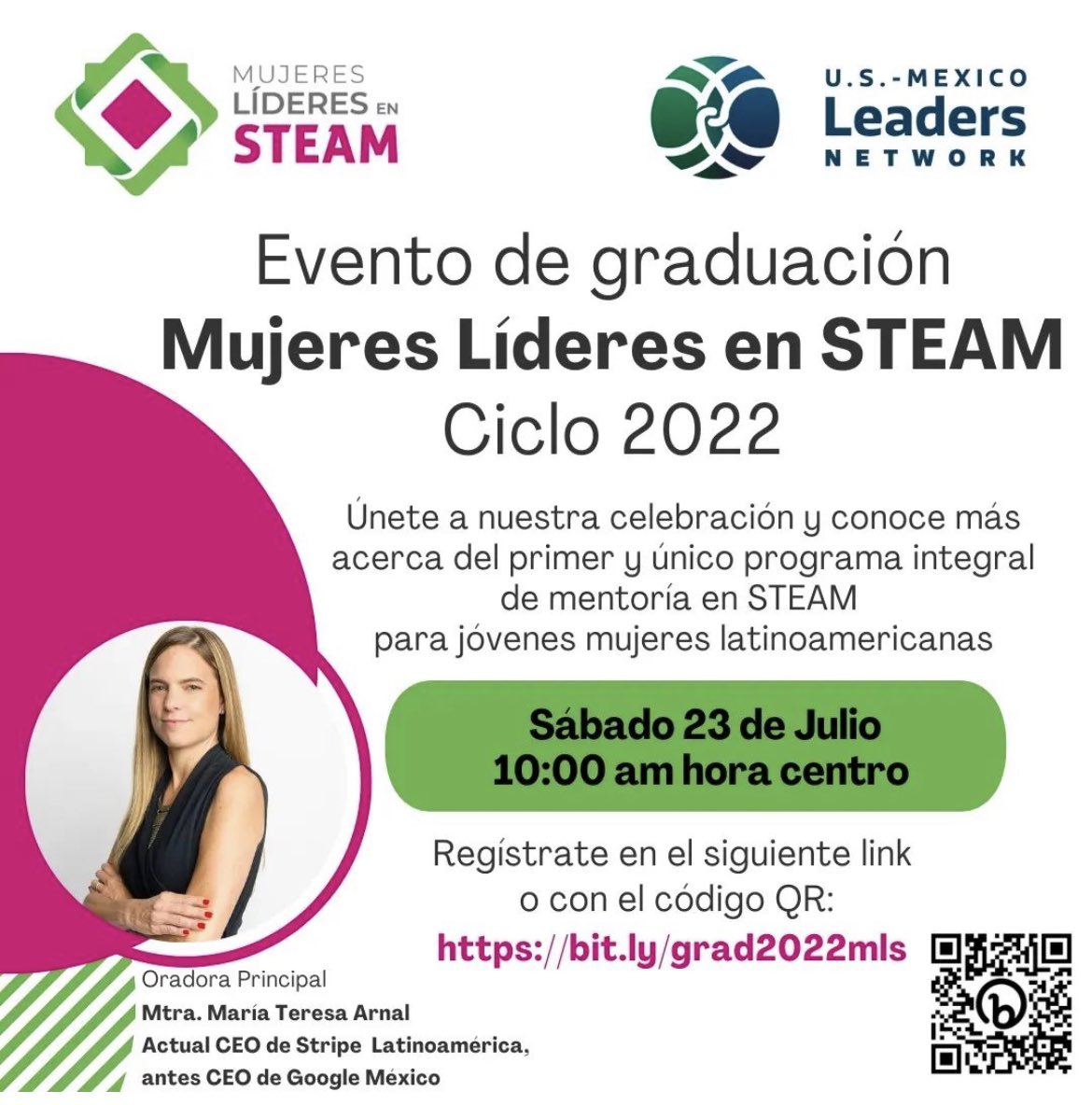 Don’t miss it! No se lo pierdan. Evento de graduación de #MujeresLideresEnSTEAM con <a href="/mariatearnal/">Mariate Arnal</a> como invitada especial. Además @atilanorp y <a href="/anavasquezc/">Ana Vásquez C (personal)</a> 
2022 graduation event #MujeresSTEAM with CEO <a href="/stripe/">Stripe</a> 🇲🇽
Único programa integral de #mentoria #STEAM para jóvenes👩🏻latinas