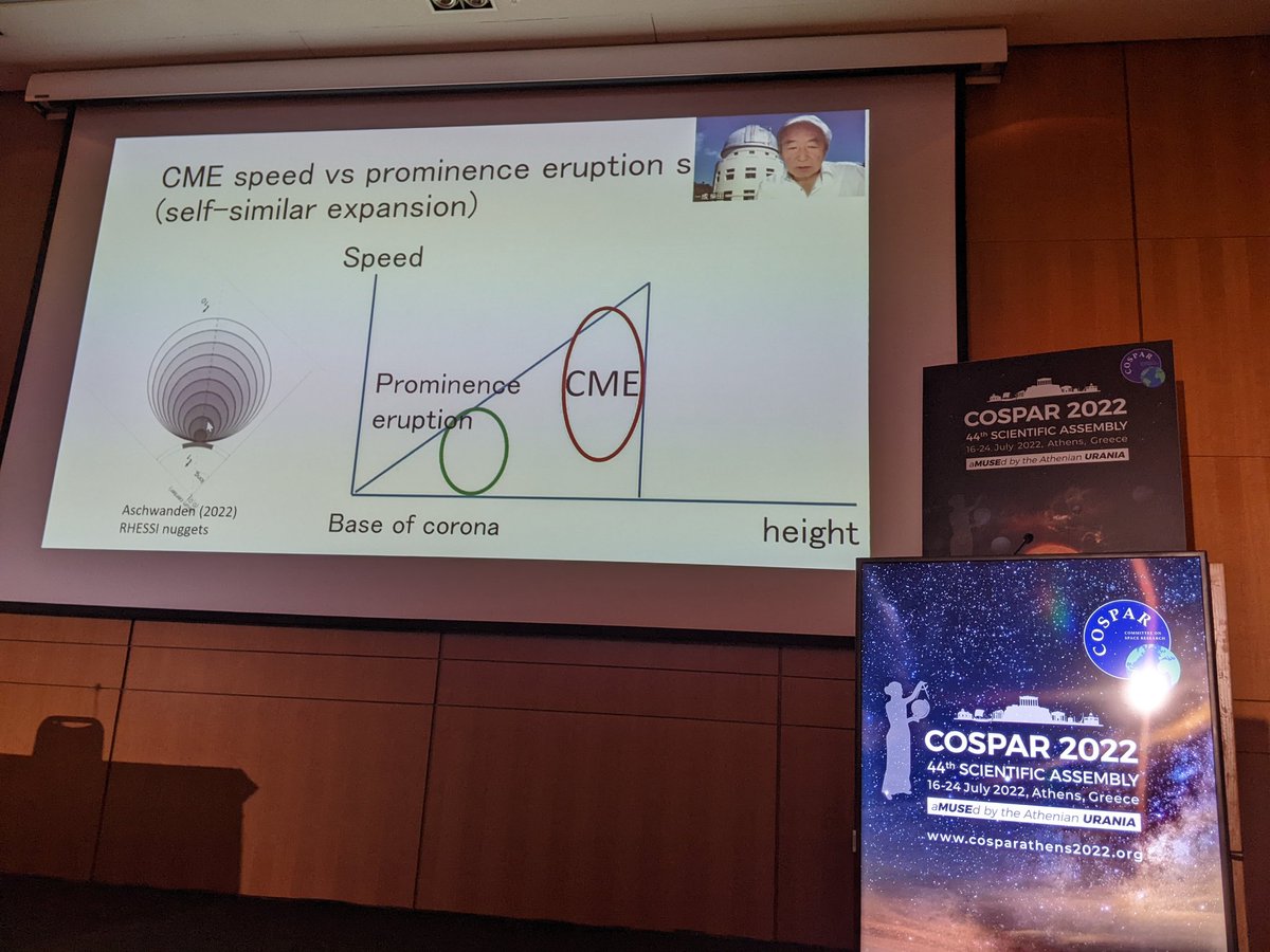 Prof. Kazunari Shibata during the penultimate talk of @Cospar_2022 Session D2.2, presenting a virtual I voted review. 

Prominence eruptions turning into #CMEs in the Sun and stars. Solar-stellar connection at its finest!