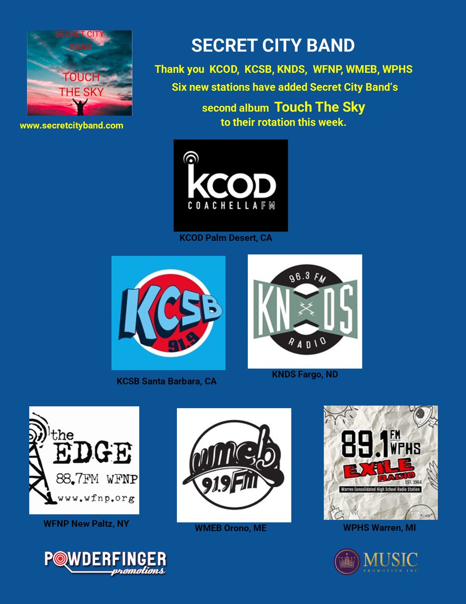 Week seven gives us six more radio stations playing songs from our second album "Touch The Sky". Touch The Sky is available on all of the streaming sites. THANK YOU one and all! secretcityband.com
