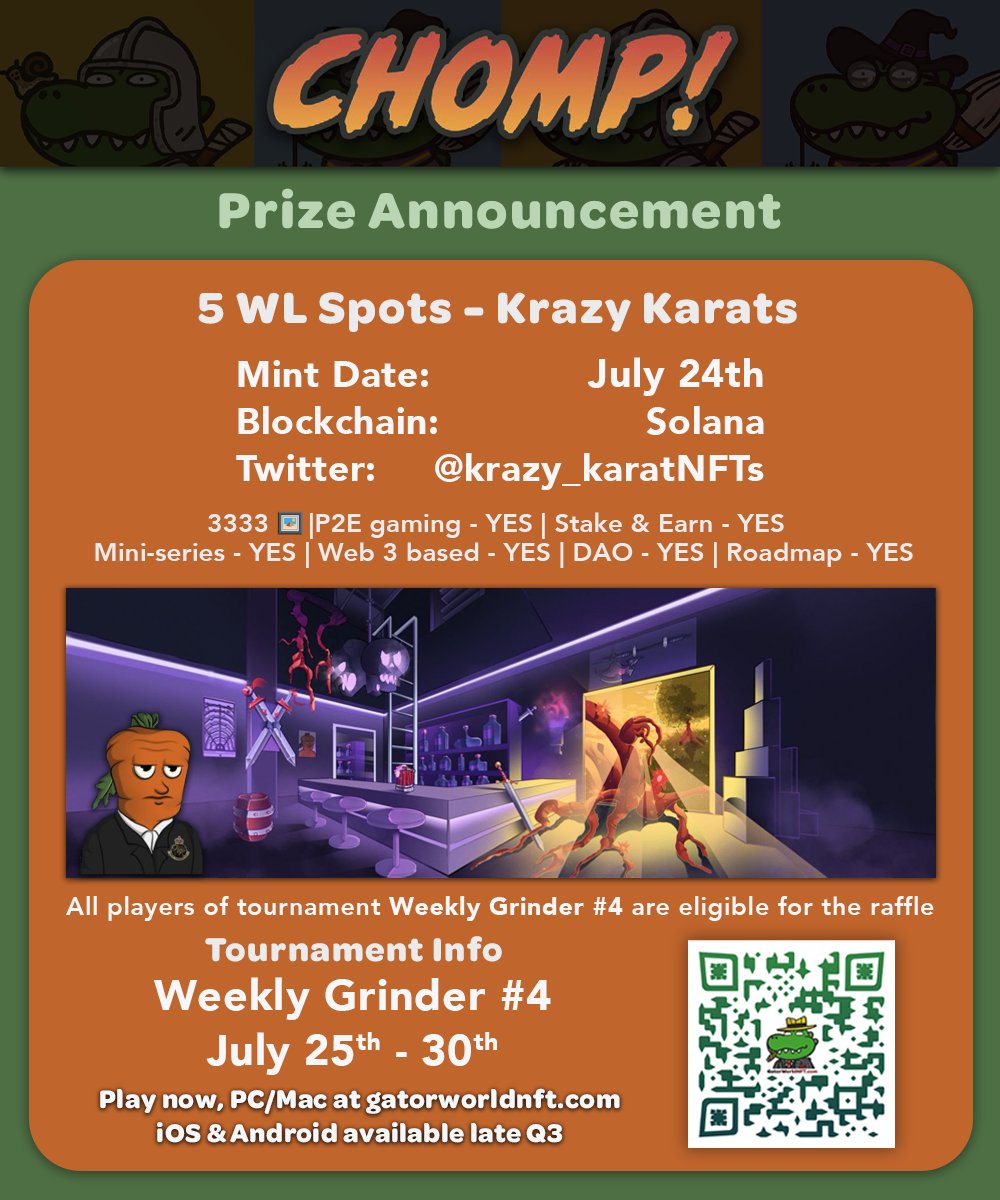 Gator World NFT (@gatorworldnft) on Twitter photo 🚨CHOMP! Prize Alert🚨
<a href="/krazy_karatNFTs/">KrazyKarat - MINT IS TODAY</a>
🥳5 WL spots up for grabs
Check them out👇 👇 👇
Discord: discord.gg/2aEJfBVAgE
🎮Play on PC/Mac at👉gatorworldnft.com
No NFT needed to win
📲 Mobile coming late Q3
#NFTgaming #NFTs #NFTGiveaway #GameFi #ETH 🚨CHOMP! Prize Alert🚨
<a href="/krazy_karatNFTs/">KrazyKarat - MINT IS TODAY</a>
🥳5 WL spots up for grabs
Check them out👇 👇 👇
Discord: discord.gg/2aEJfBVAgE
🎮Play on PC/Mac at👉gatorworldnft.com
No NFT needed to win
📲 Mobile coming late Q3
#NFTgaming #NFTs #NFTGiveaway #GameFi #ETH