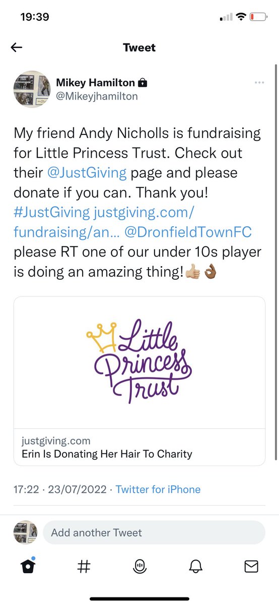 Please look at previous tweets for link wont let me re tweet option come on Dronfield let’s get Erin over her  £200 target <a href="/DronfieldTownFC/">Dronfield Town FC</a> <a href="/DTFC35s/">Dronfield Town O35s</a> @DTLFC_Official