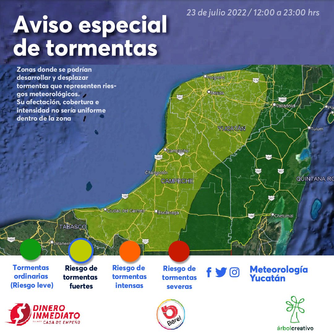 ClimaYucatan's tweet photo. ⛈️⚠️AVISO ESPECIAL DE TORMENTAS 
Para este sábado se espera en los estados de #Campeche y #Yucatán: 
🟡Riesgo de tormenta fuerte 
-Lluvia fuerte 
-Turbonadas 
-Actividad eléctrica abundante 
Válido para zonas y ciudades señaladas en el gráfico. https://t.co/vUfKPYtH4i