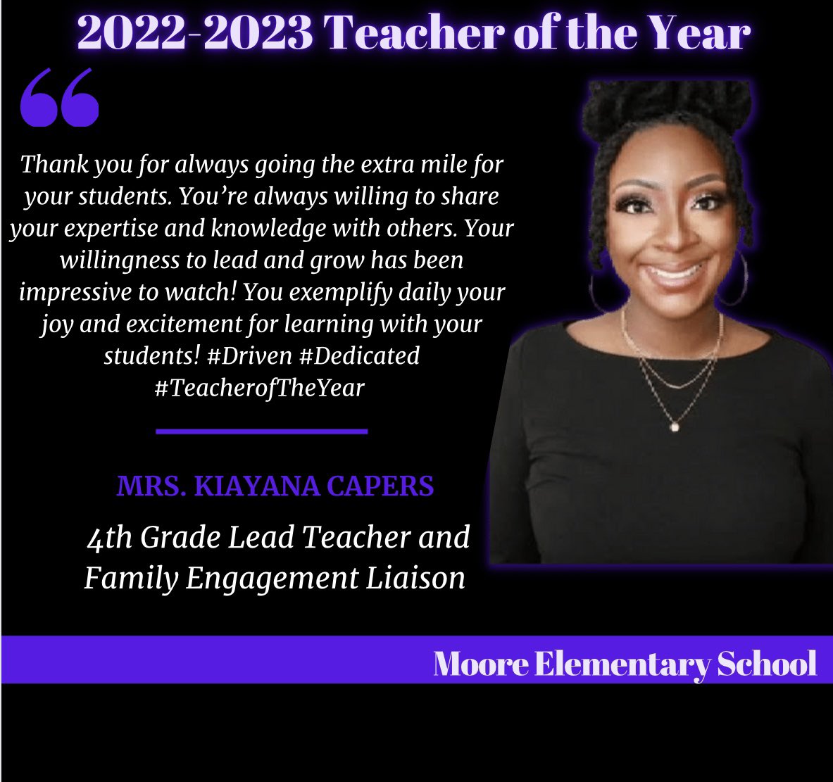 school_moore's tweet photo. 𝒞ℴ𝓃ℊ𝓇𝒶𝓉𝓈 𝓉ℴ ℴ𝓊𝓇 2022-2023 𝒯ℯ𝒶𝒸𝒽ℯ𝓇 ℴ𝒻 𝓉𝒽ℯ 𝒴ℯ𝒶𝓇, ℳ𝓇𝓈. 𝒞𝒶𝓅ℯ𝓇𝓈🥳✨🎉You are “MOORE” than deserving of this award and many more accolades to come! We are so grateful to honor your 𝐄𝐗𝐂𝐄𝐋𝐋𝐄𝐍𝐂𝐄!Keep Shining⭐️#ExpectMoore #TOY #TeacherLeader https://t.co/OjSm4l1ZrD