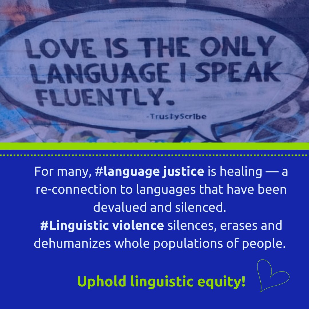 GlobalYns's tweet image. Language Justice is healing — a re-connection to languages that have been devalued, lost and silenced. We have to battle any attempt at erasing other languages. Uphold linguistic equity!

#language #languageaccess #languageviolence #languagejustice #translation #interpretation