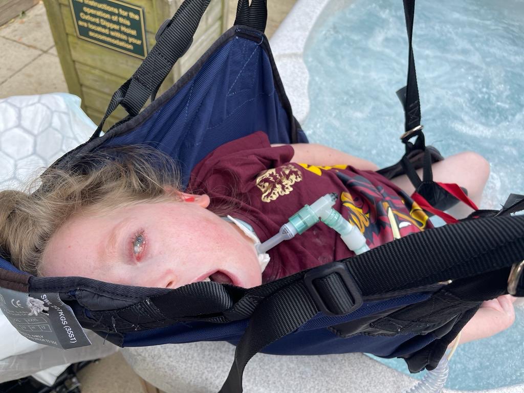 HelpHarriet's tweet image. Harriet getting hoisted into the pool