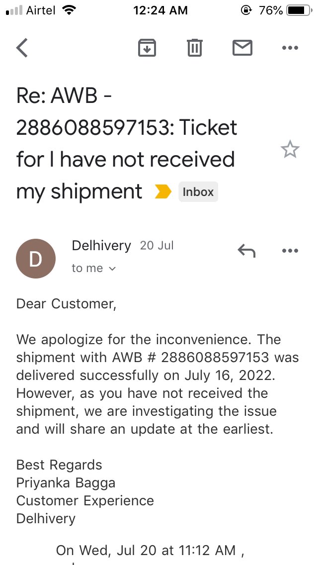 PSuganesh's tweet photo. @help_delhivery @delhivery Hi team,product not recived. I raised mail to delhivery team,4 days was completed, still no reply.Where is my product? .(AWB - 2886088597153) this my awb number. Pls find screenshot https://t.co/yzQXNFJoXj