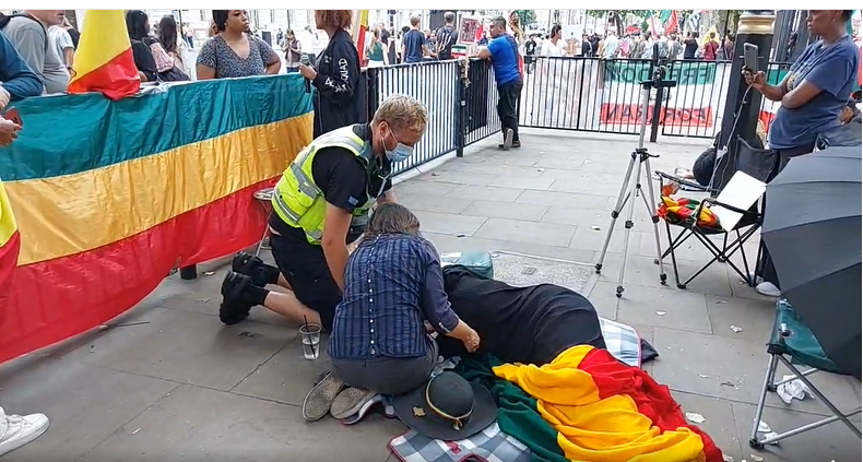 FanoRising's tweet photo. four days of hunger strike some of our sisters are under medical care but others chose to continue, a way of fierce Energy. Amharas on the Rise 
#HungerStrikeInLondon 
#UNintervention 
#StateSponsoredAmharaGenocide https://t.co/xb1qykaYWz