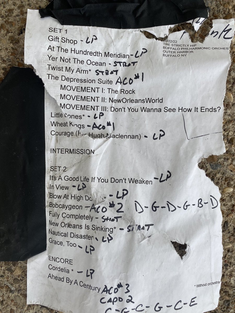 Frank’s re-constructed set list.
07/22/22
The Strictly Hip
+ Buffalo Philharmonic Orchestra
Outer Harbor Buffalo Waterfront
Stefan Sanders - Conductor
Ed Koban - Land Acknowledgement / Flute