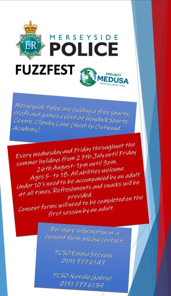 Looking for something fun and free to do every week in the holidays? <a href="/MerseyPolice/">Merseyside Police</a> are holiday free sports, crafts &amp; games every Wed &amp; Fri afternoon in our <a href="/OAHa_Leisure/">Outwood Haydock Leisure Centre</a> centre. See image for more details. #teamhaydock #outwoodfamily #haydockcommunity
