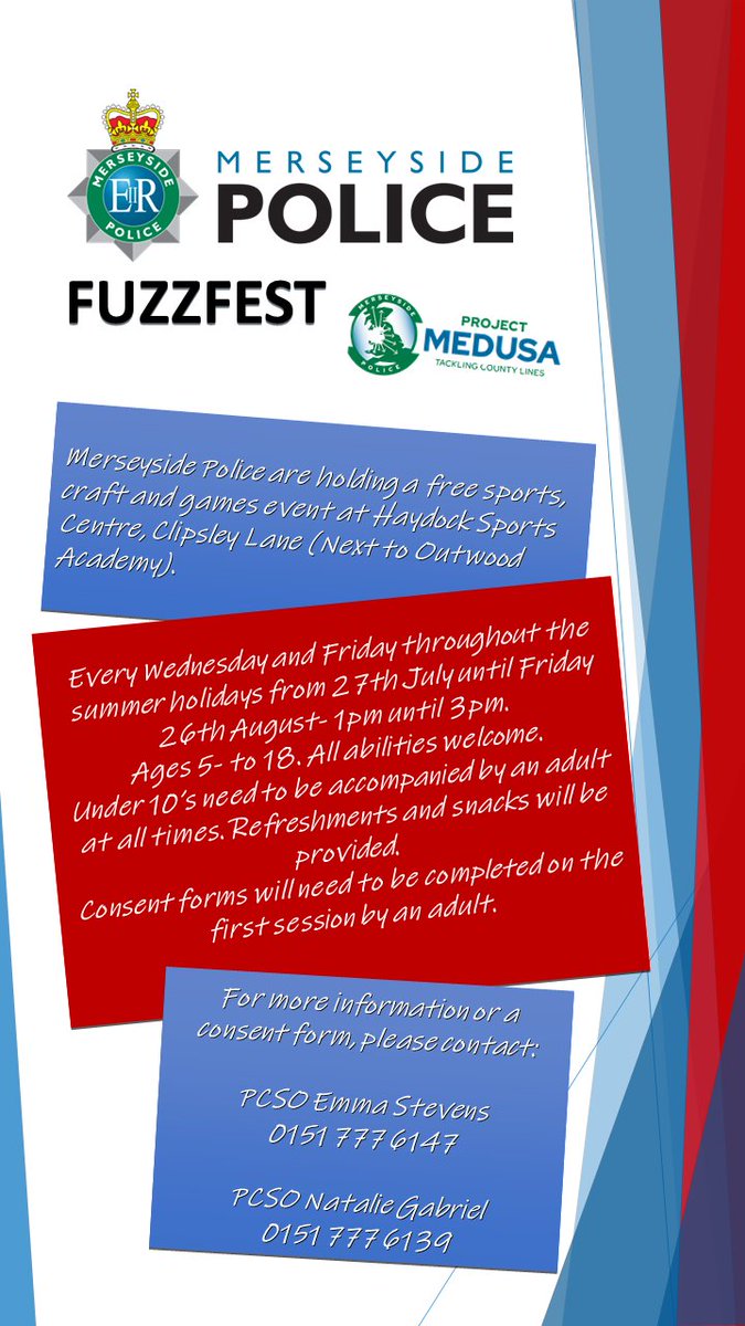 St Helens Local Policing are holding a free sports, craft and games event at Haydock Sports Centre, Clipsley Lane (Next to Outwood Academy). 

All details are in the below poster.