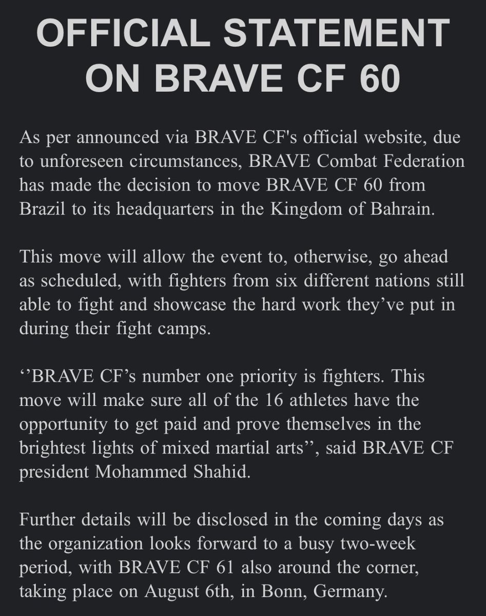 PhotoAmy33's tweet photo. #Brave60 is being moved from Brazil, hereβs a statement from the promotion https://t.co/fEvbAUhiqa