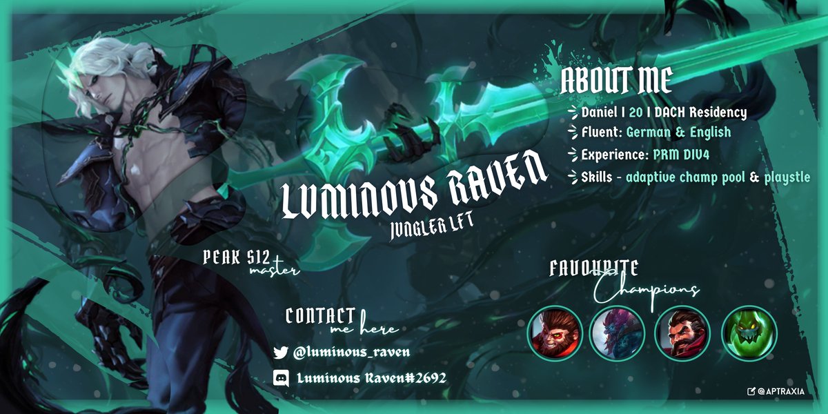 After 2 wonderful splits with the <a href="/muensteresports/">Münster Esports e.V.</a> Purple Crows I´m now LFT for the upcoming split.
Retweets appreciated

Design by <a href="/aptraxia/">Engie</a> 

#LFT #LeagueOfLegends #Primeleague <a href="/lft_prime/">Prime League LFT</a>