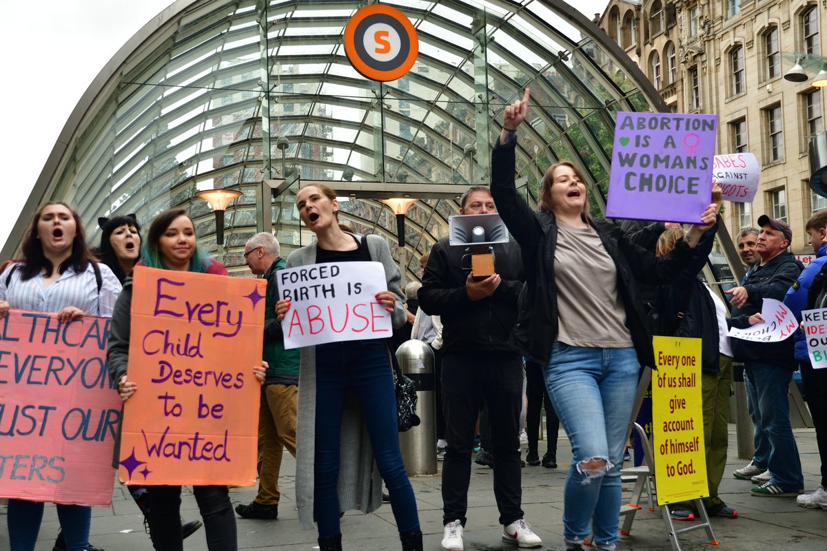 stephenjfyfe's tweet photo. When the hate preachers met some fantastically enthusiastic counter protestors in Glasgow's St Enoch's today.  These are the same people who target vulnerable women and staff at Sandyford and QEUH. https://t.co/A12gZ4IstL