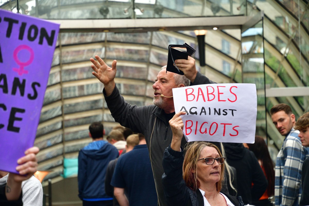 stephenjfyfe's tweet photo. When the hate preachers met some fantastically enthusiastic counter protestors in Glasgow's St Enoch's today.  These are the same people who target vulnerable women and staff at Sandyford and QEUH. https://t.co/A12gZ4IstL