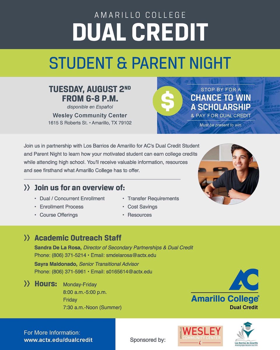 Make plans now to join our partners, <a href="/AmarilloCollege/">Amarillo College</a>, on Tuesday, August 2nd from 6-8 p.m. for an opportunity for both parents and students to receive dual credit information before school starts.