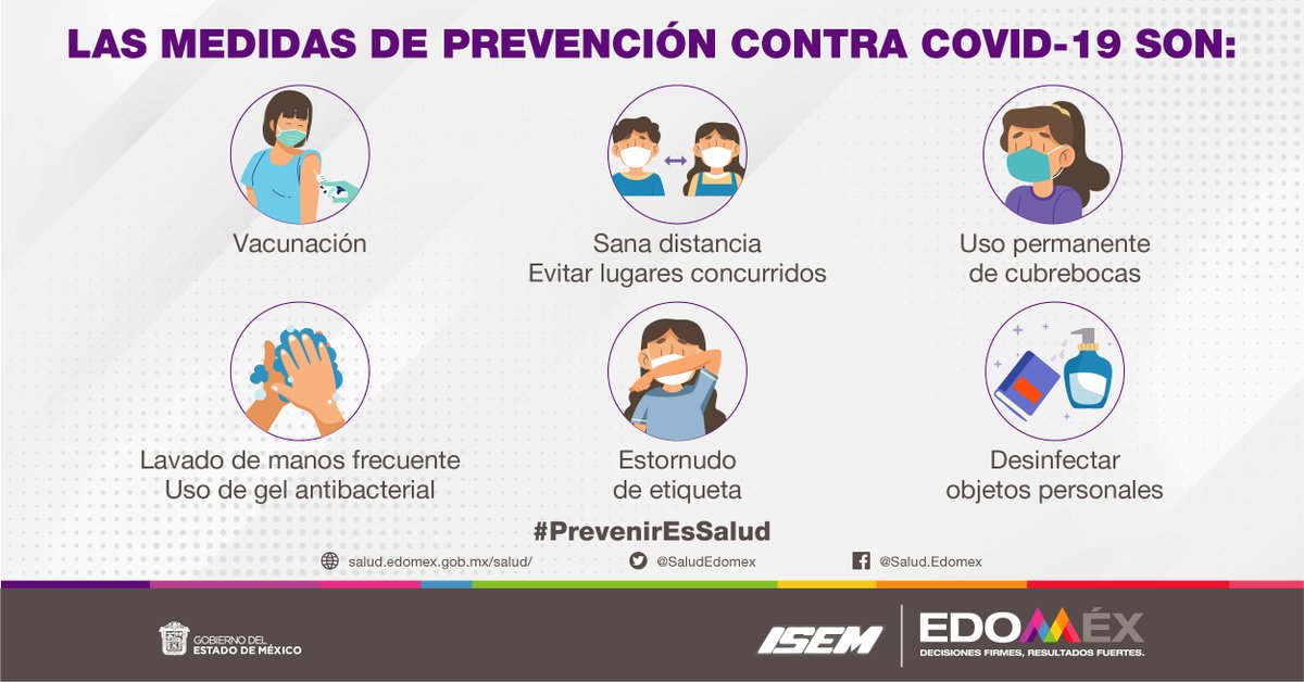 Te recordamos seguir las medidas de prevención de contagio ante #Covid_19mx: 
Respeta la sana distancia con otras personas, utiliza cubrebocas, lava tus manos constantemente. 
#PrevenirEsSalud