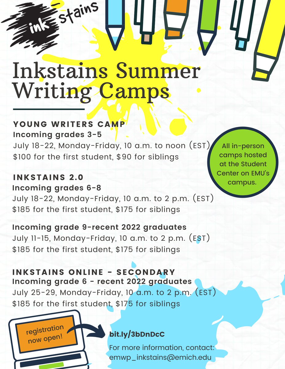 Do you know a 6th-12 grade writer who needs a writing community? 
Inkstains has an online writing camp next week! 7/25-29, 10am- 2pm EST.  1/2 #nwp <a href="/writingproject/">Writing Project</a>
