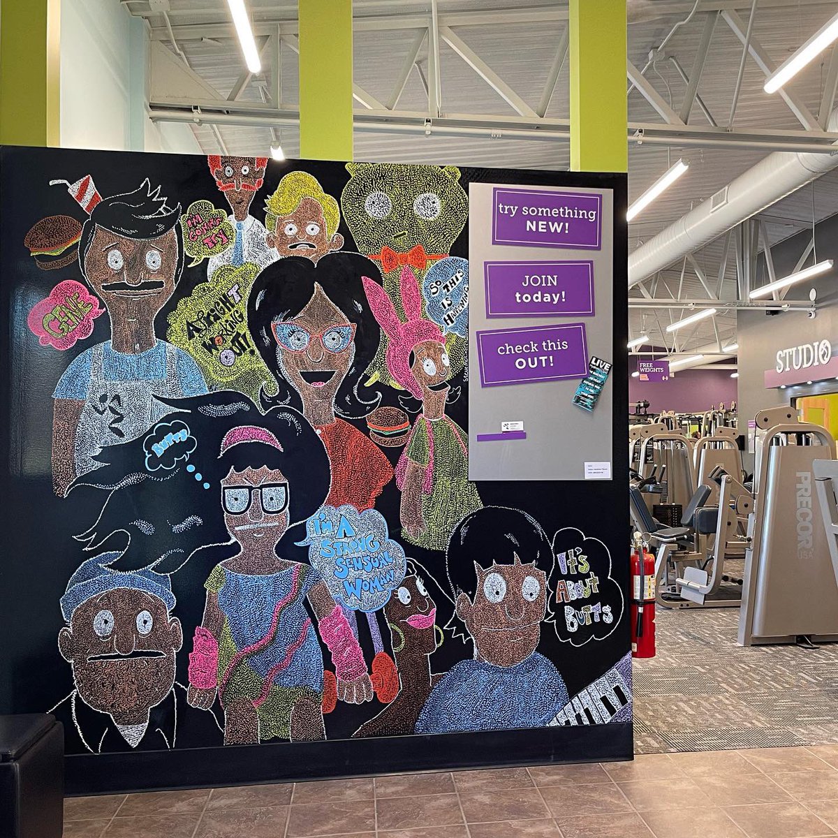 stevemckinnis's tweet photo. Done for the time being… may add more later but I think this is a true stopping point for today on the #liquidchalk #mural at #anytimefitness in #hastings #nebraska
#bobsburgersfanart #bobsburgers #hugo #kuchikopi #teddy #stevemckinnis #stevemckinnisgraphics https://t.co/oJ0WtRLwdN
