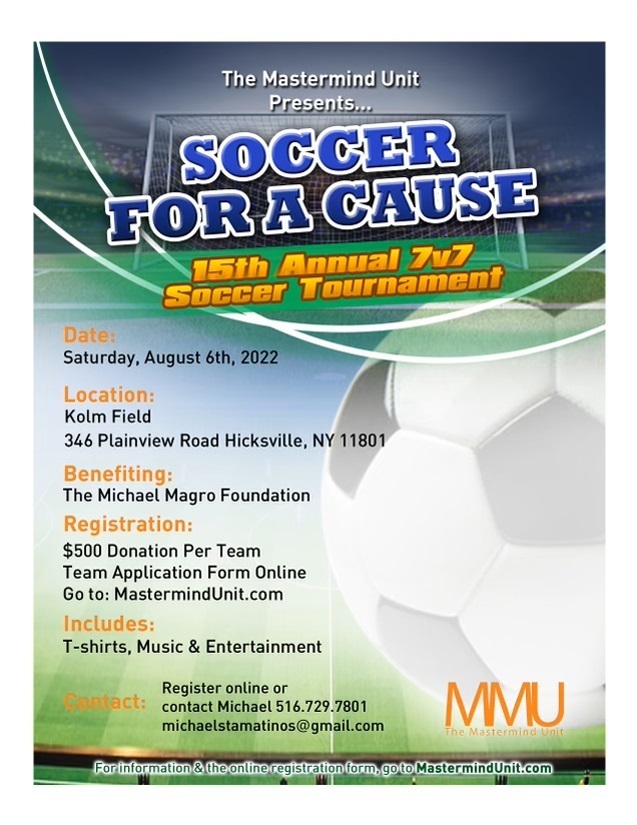 Our 15th Annual Tournament will be held at Kevin Kolm Field on Saturday, August 6th - that is just TWO WEEKS AWAY!

⚽ $500 per team
⚽Registration: bit.ly/3hBApfW