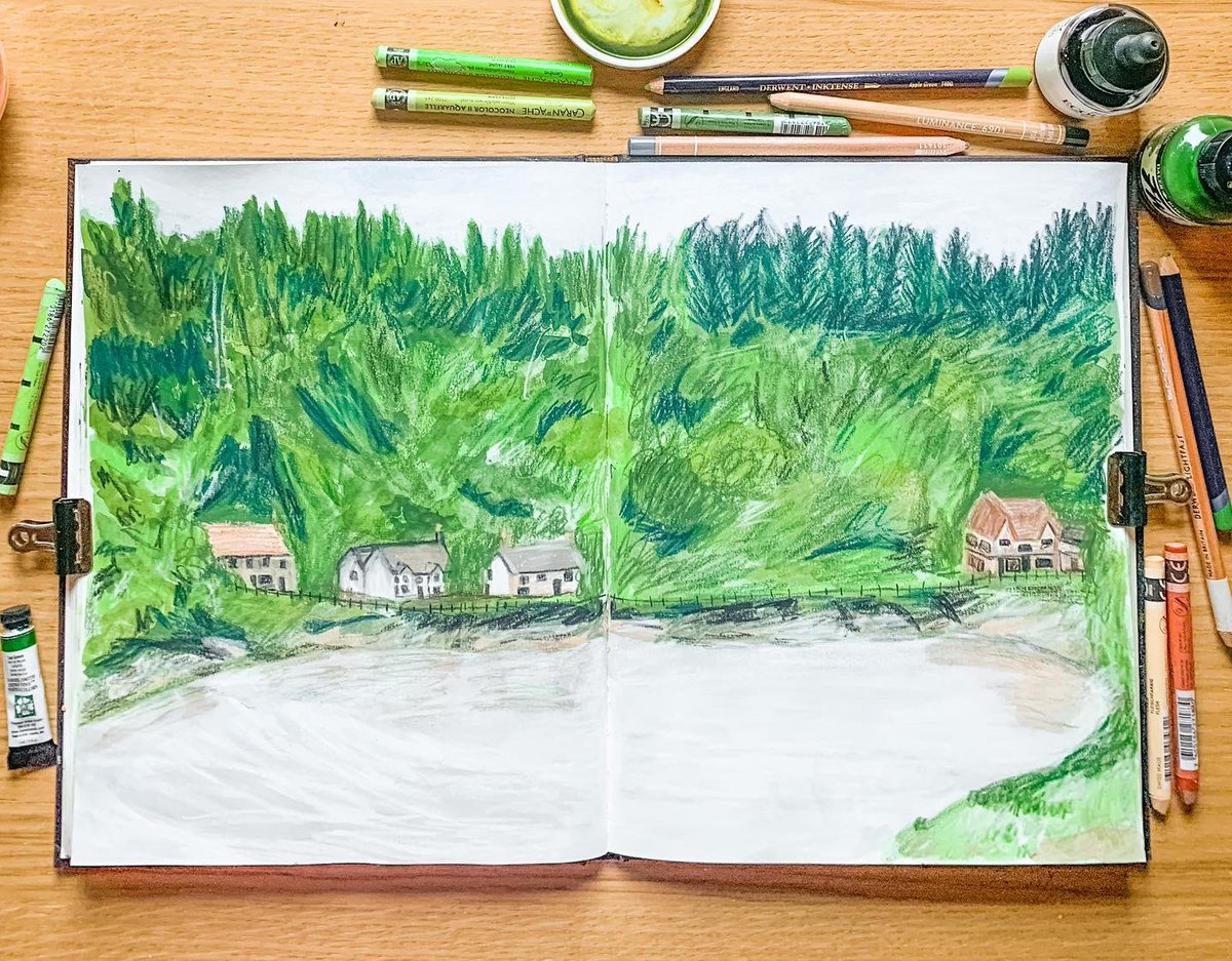 squigglehut's tweet photo. Day 52/260. Another double page spread, I like this one a lot, it feels like there is quite a lot of atmosphere in this piece that I didn’t actually intend to create but I like. I don’t like the water, so this is definitely something to work on 😍 https://t.co/XId2vRDYJo