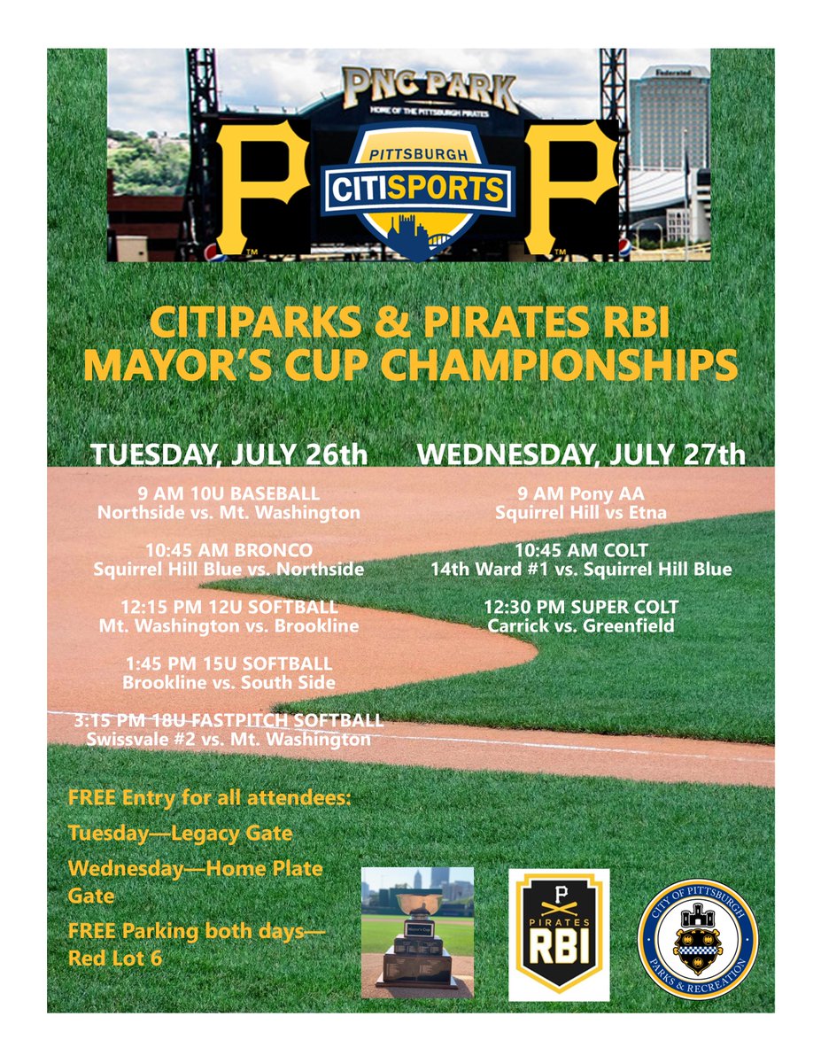 CitiParks's tweet photo. ICYMI: The CitiSports – @PittsburghRBI Mayor’s Cup Championship Games are set!

Join us at PNC Park this Tuesday &amp; Wednesday, and cheer on your favorite team!

Admission is FREE!

@MayorEdGainey @Pittsburgh @PiratesPartners @Pirates 

SCHEDULE UPDATED--due to Monday Forecast. https://t.co/8wt1AAj2in