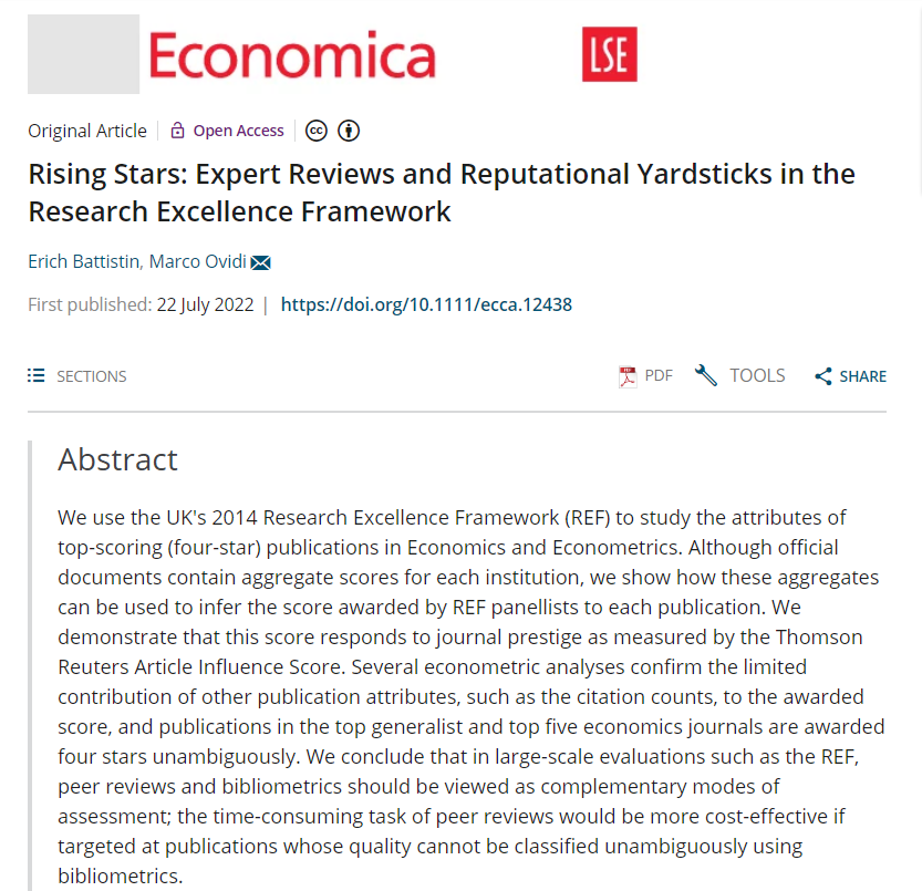 MarcoOvidi's tweet photo. My paper with @erichbpd on bibliometric indicators and peer reviews in research evaluation is out in @EconomicaLSE.

https://t.co/zlOuuCeAm9

🧵(1/16) https://t.co/FbiUckp7l3