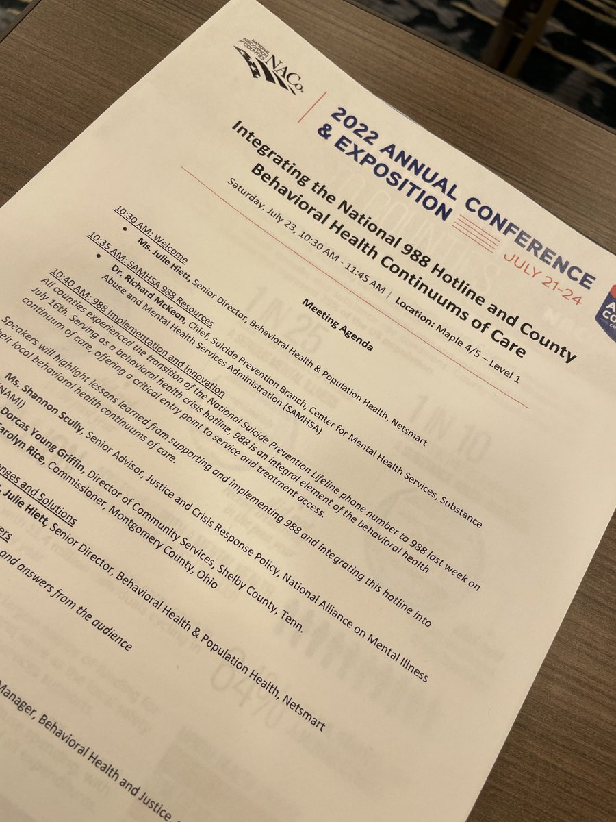 #988 integrating the national 988 hotline and county behavioral health continuums of care ⁦<a href="/JulieHiettKC/">Julie Dreiling Hiett</a>⁩ moderating from@Netsmarttech    #NACoANN  starting in 10 mins