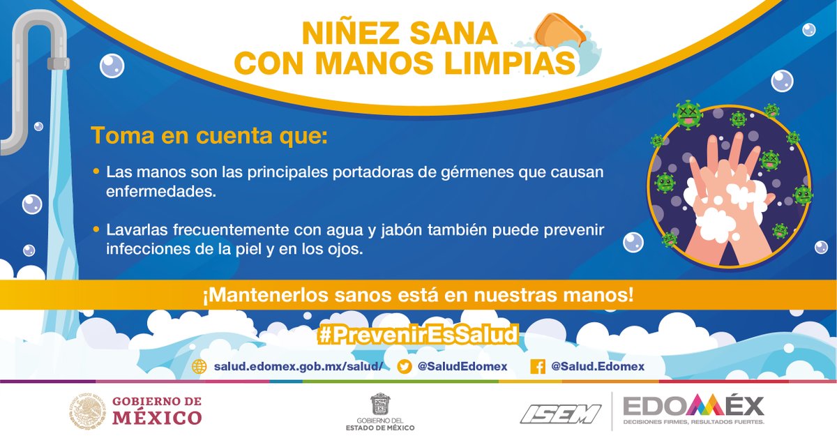Recuerda que el #LavadoDeManos frecuente, especialmente después de estornudar o toser, y al regresar de la calle, evitará el contagio de enfermedades diarreicas e infecciosas.
Por #NiñasYNiñosSanos, enséñales hábitos de higiene saludables.
#PrevenirEsSalud