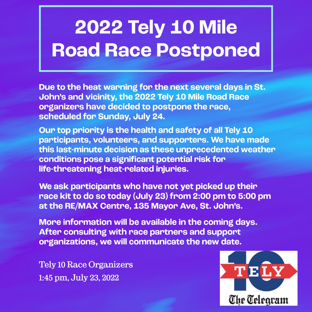 2022 Tely 10 Mile Road Race Postponed @stjohnstelegram #Tely10 <a href="/Mount_Pearl/">City of Mount Pearl</a> @CityofStJohns <a href="/townofparadise/">Town of Paradise</a>