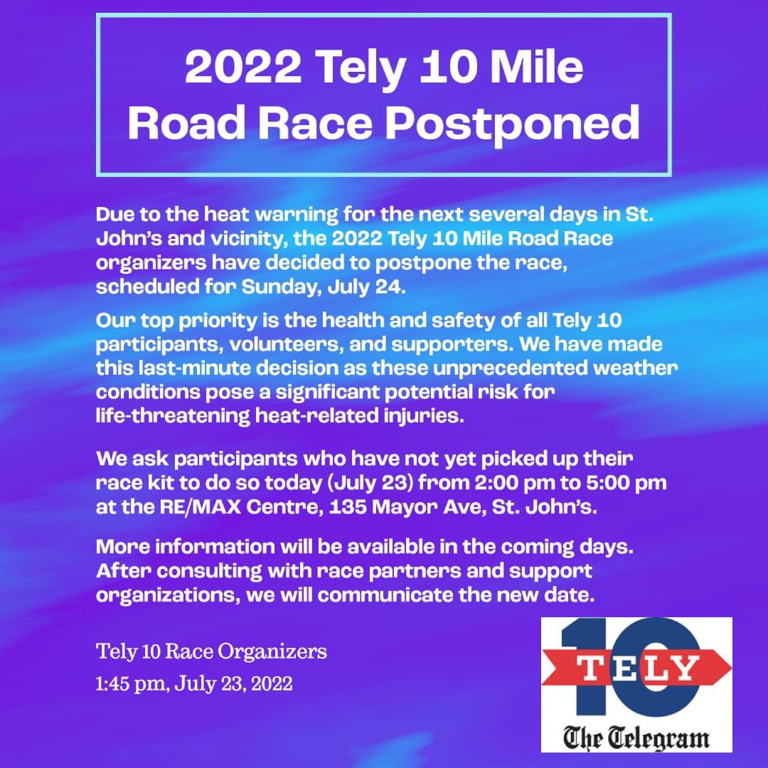 Official <a href="/Tely10NL/">Tely 10 NL</a> postponement announcement <a href="/VOCMNEWS/">VOCM News</a>