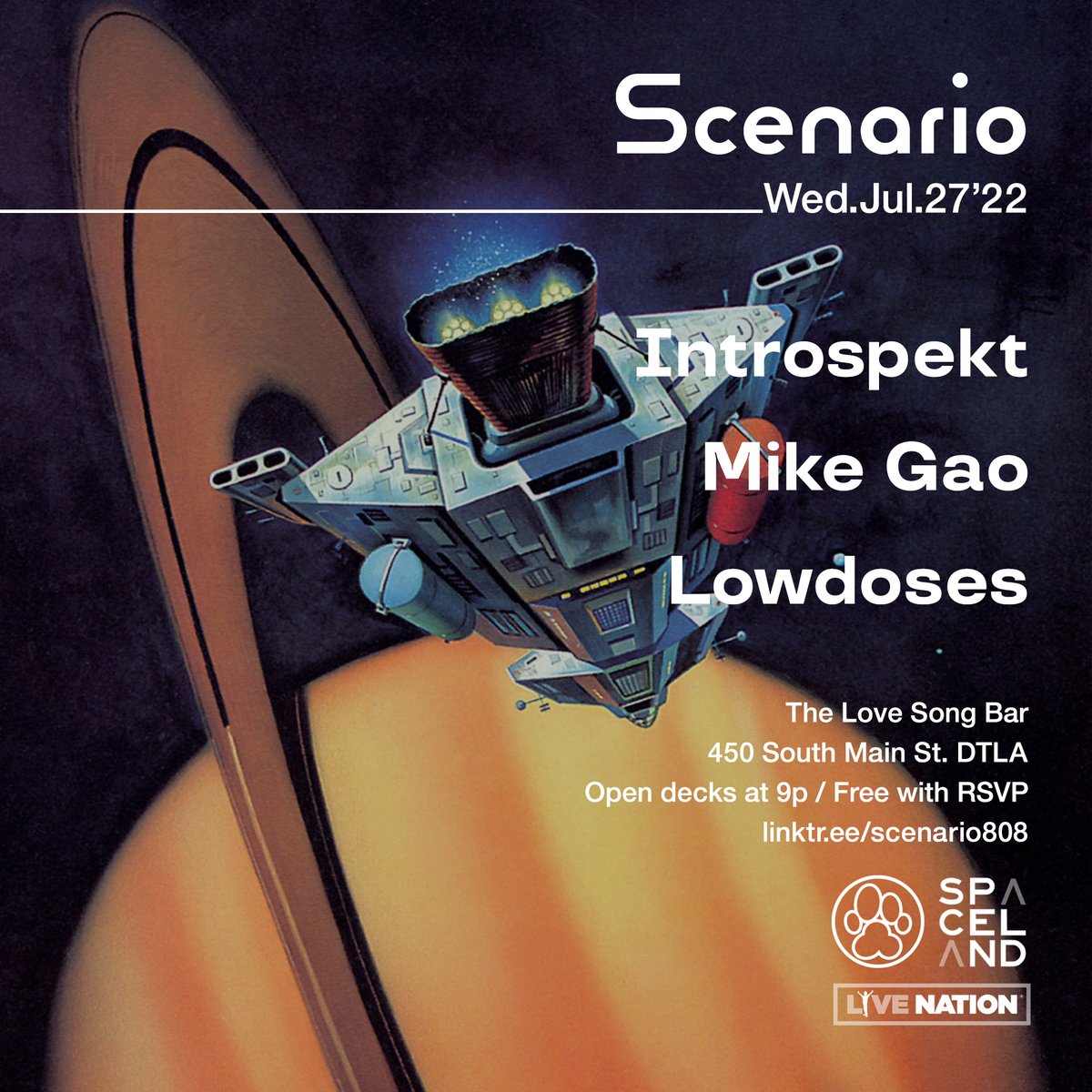 SCENARIO ๐ (@scenario808) on Twitter photo Next Wed 7/27: <a href="/_introspekt/">Sage Introspekt ๐</a> <a href="/MIKEGAO/">MIGAMO</a> <a href="/_lowdoses/">lowdoses</a> + <a href="/daddykev/">Daddy Kev</a> at <a href="/TheLoveSongBar/">The Love Song Bar</a>. Open decks at 9p. Free with RSVP. Presented by <a href="/ALPHAPUP/">Alpha Pup</a> <a href="/SpacelandLA/">SPACELAND PRESENTS</a> <a href="/LiveNation/">Live Nation</a> ๐โจ๐ฅ eventbrite.com/e/scenario-intโฆ Next Wed 7/27: <a href="/_introspekt/">Sage Introspekt ๐</a> <a href="/MIKEGAO/">MIGAMO</a> <a href="/_lowdoses/">lowdoses</a> + <a href="/daddykev/">Daddy Kev</a> at <a href="/TheLoveSongBar/">The Love Song Bar</a>. Open decks at 9p. Free with RSVP. Presented by <a href="/ALPHAPUP/">Alpha Pup</a> <a href="/SpacelandLA/">SPACELAND PRESENTS</a> <a href="/LiveNation/">Live Nation</a> ๐โจ๐ฅ eventbrite.com/e/scenario-intโฆ