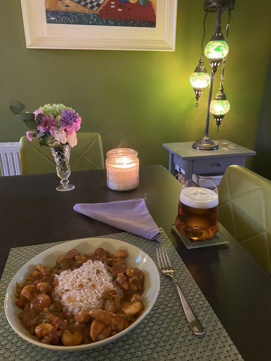 #TonightsDinner Feckin' weather means comfort food, so it's Louisiana gumbo with everything in - prawns, chicken, chorizo, onion, tomato, celery, garlic, green pepper, flour-and-oil roux, fish stock, parsley, paprika, Tabasco chipotle, and Worcestershire sauce. And rice and beer.