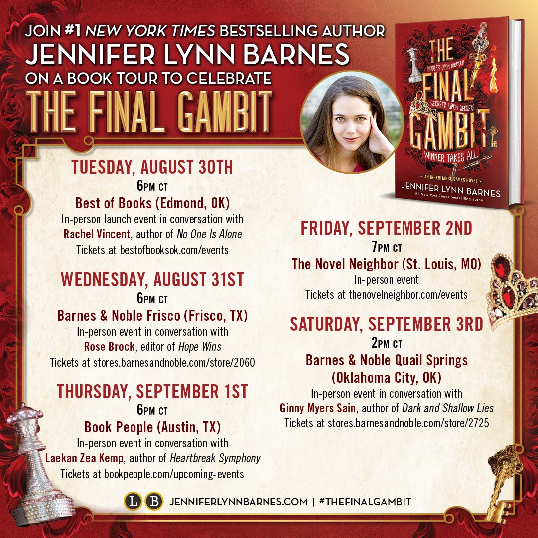 Announcing my fall tour dates for #TheFinalGambit! So looking forward to my conversations with @rachelkvincent @reallyrosebrock @LaekanZeaKemp, and @stageandpage! Hosted by: @bestofbooksok @BNFrisco @BookPeople @novelneighbor @BNQuailSprings!